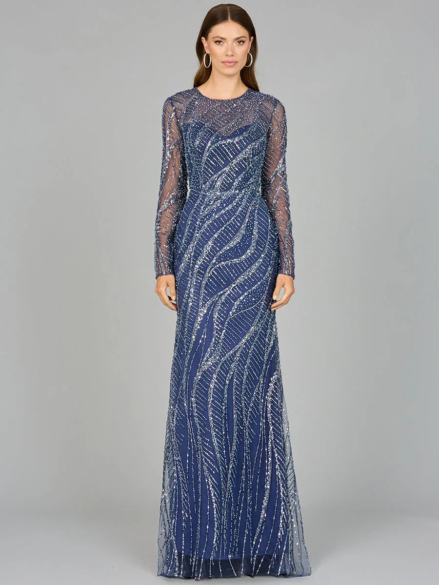Long Sleeve Sheath Gown with Silver Beads by Lara New York — style 29039 in Blue