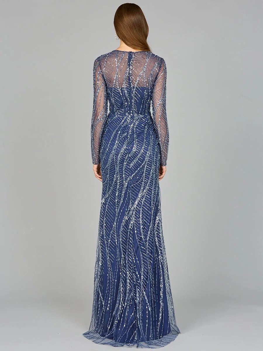 Long Sleeve Sheath Gown with Silver Beads by Lara New York — style 29039