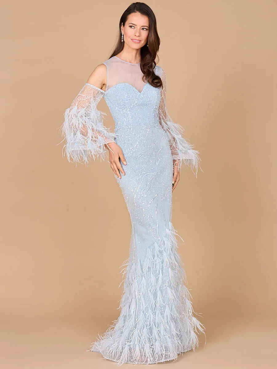 Cold Shoulder Mermaid Lace Gown with Feathers by Lara New York — style 29041 in Sky