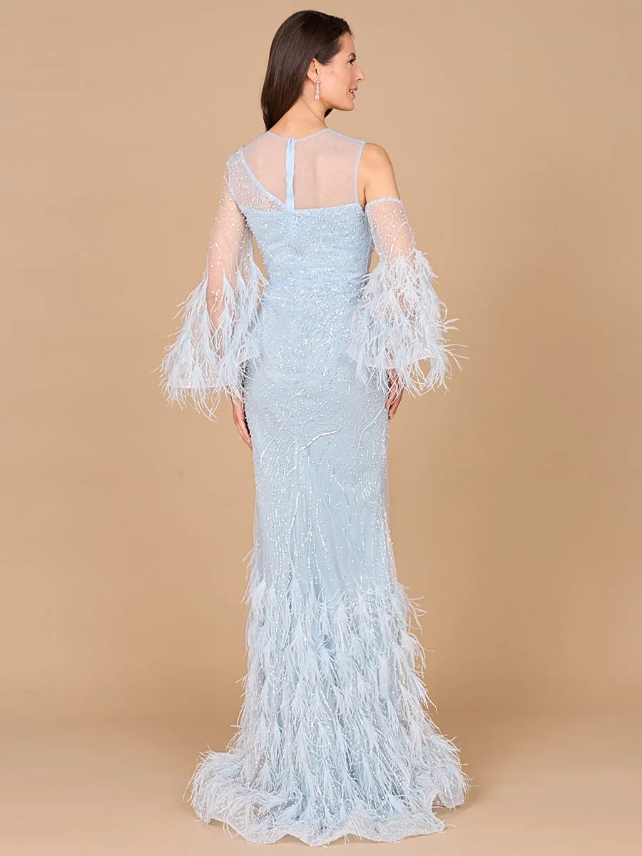 Cold Shoulder Mermaid Lace Gown with Feathers by Lara New York — style 29041
