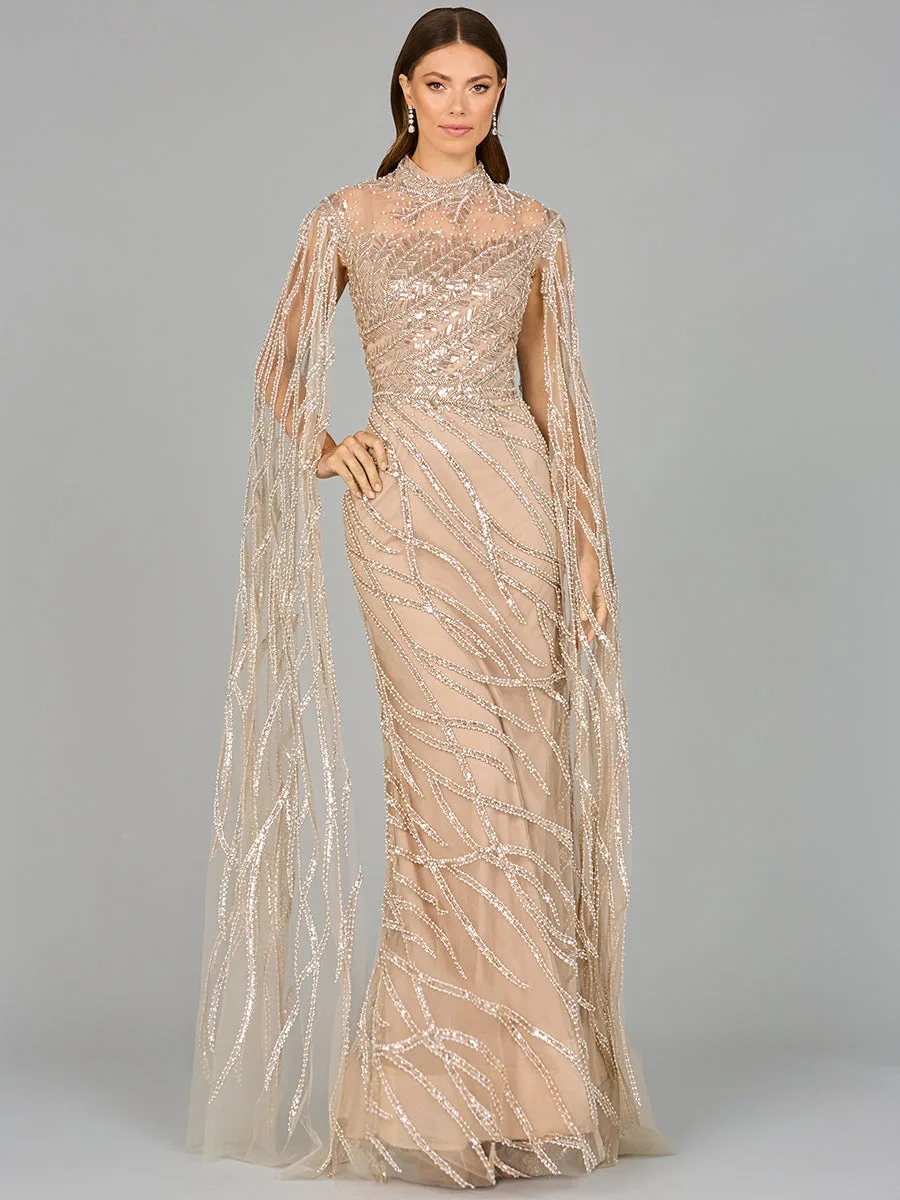 High Neck Gown with Long Cape Sleeves by Lara New York — style 29042 in Nude