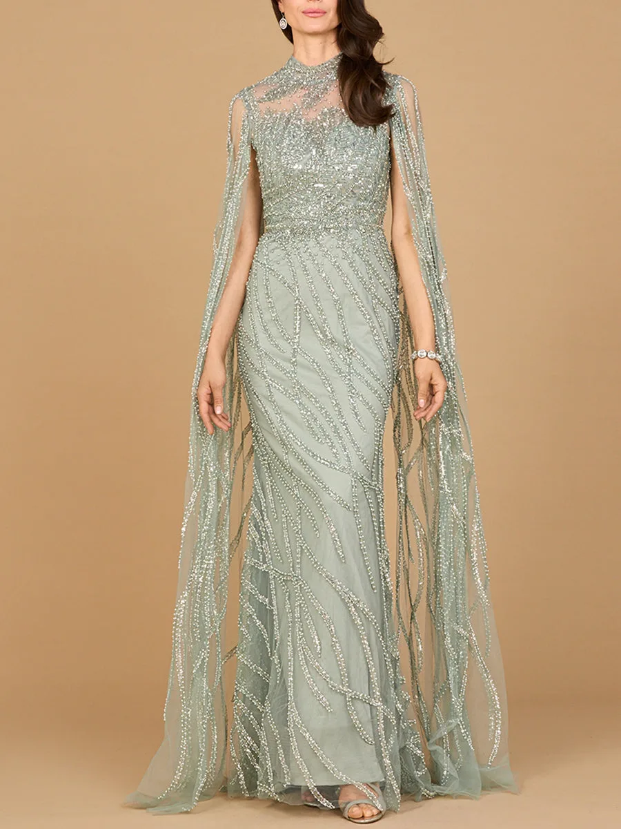 High Neck Gown with Long Cape Sleeves by Lara New York — style 29042 in Grey