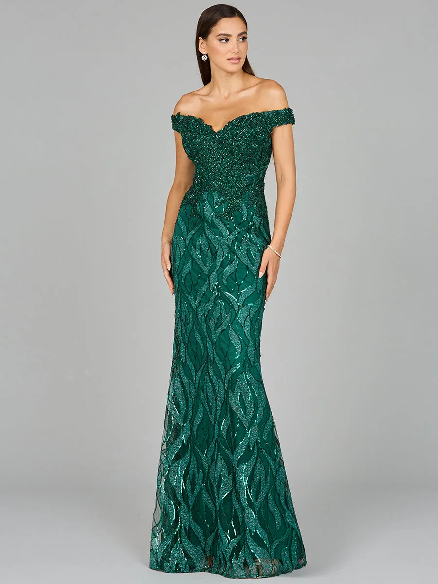 Off Shoulder, Mermaid Lace Gown by Lara New York — style 29045 in Green