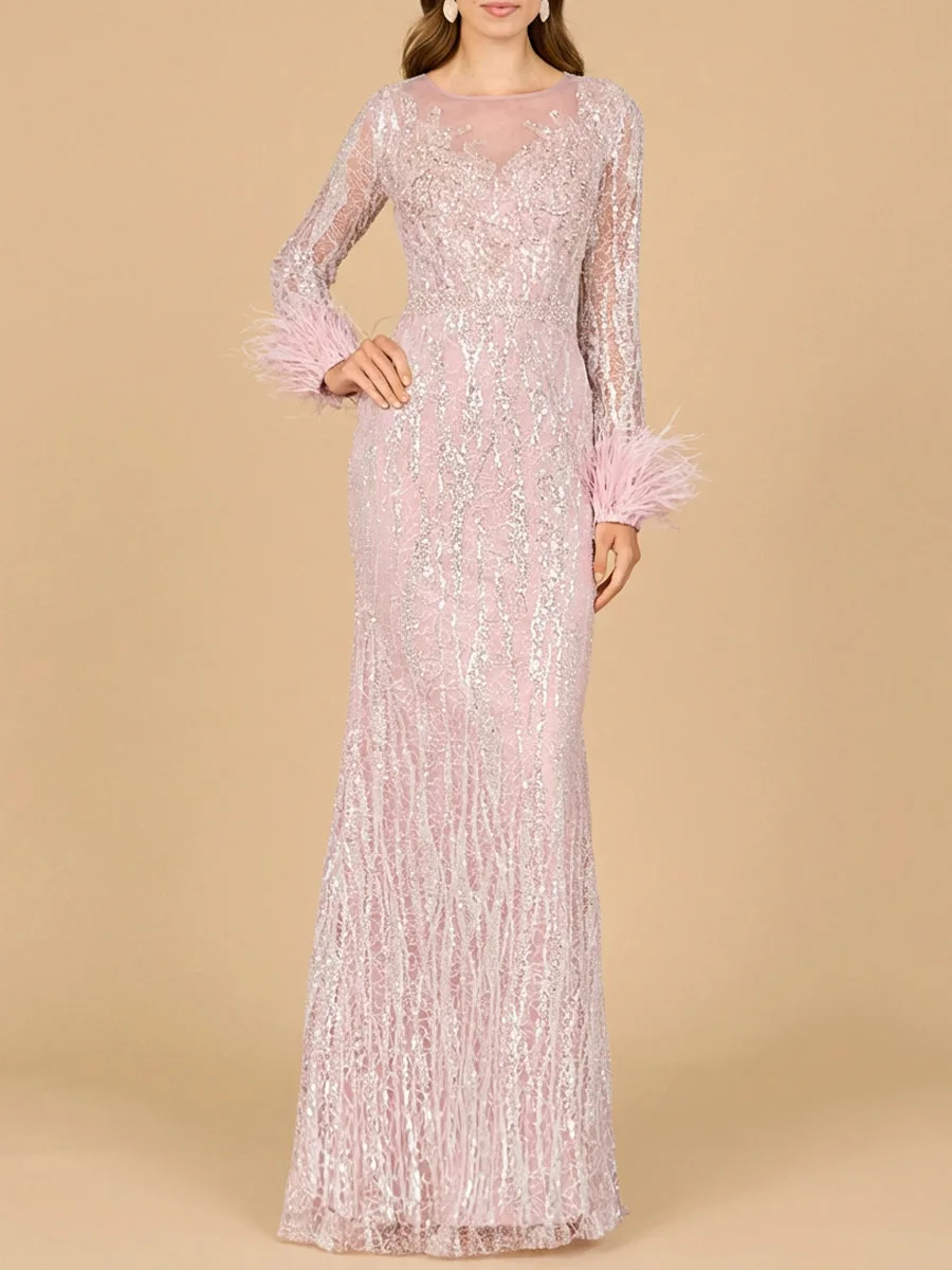 Long Sleeve Sheath Gown with Feathers by Lara New York — style 29049