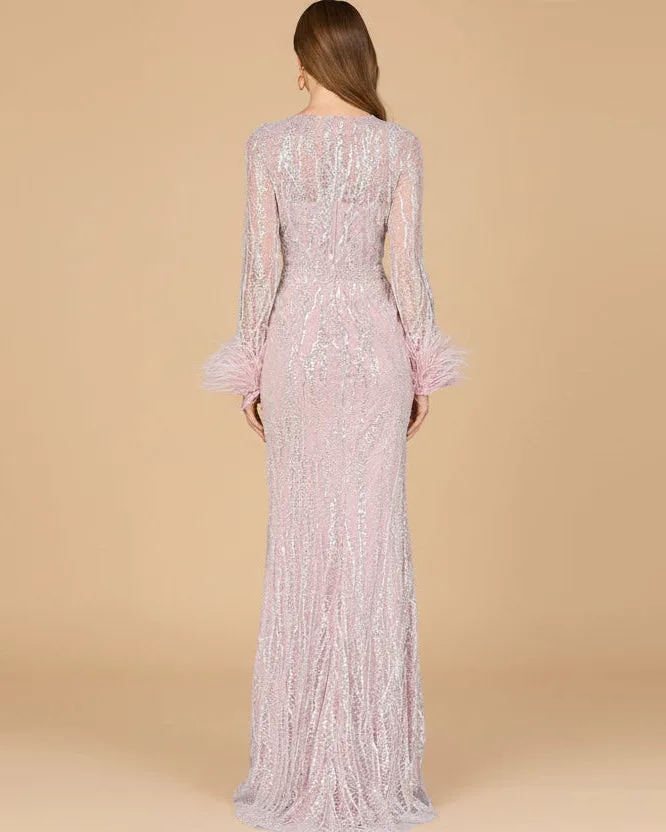 Long Sleeve Sheath Gown with Feathers by Lara New York — style 29049