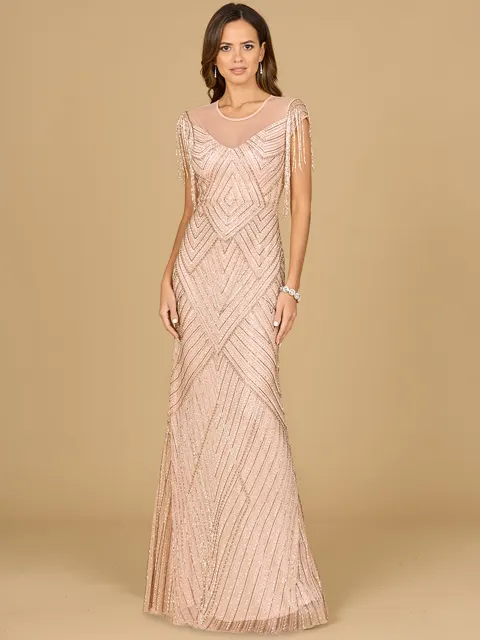 Beaded Fringe Illusion Dress with Cap Sleeves