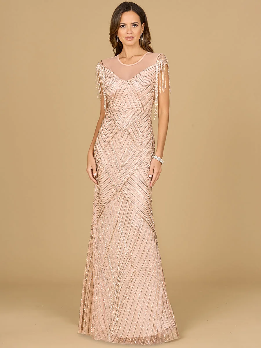 Beaded Fringe Illusion Dress with Cap Sleeves by Lara New York — style 29053 in Blush