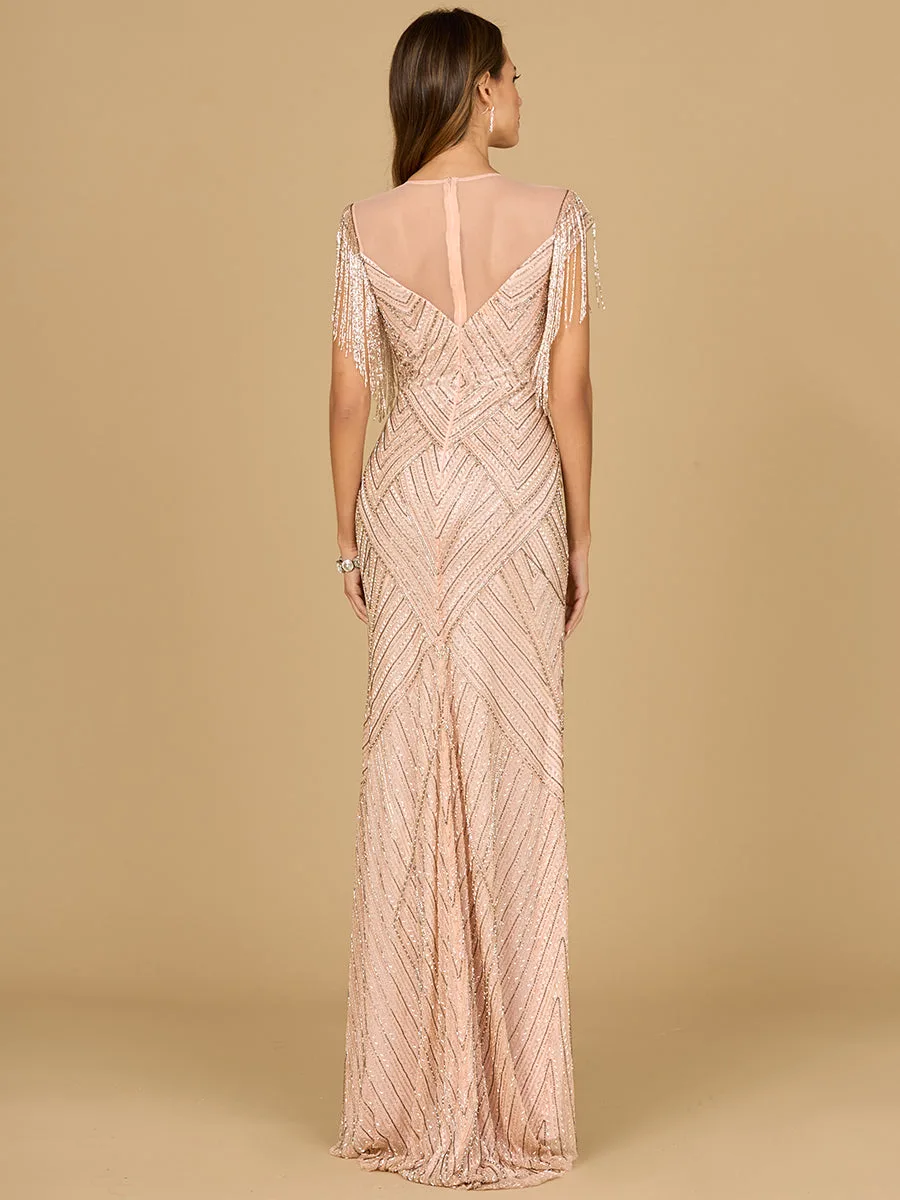 Beaded Fringe Illusion Dress with Cap Sleeves by Lara New York — style 29053