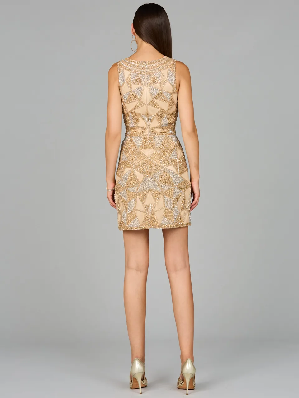 V-Neck Beaded Mini Dress with Fringe Details by Lara New York — style 29056