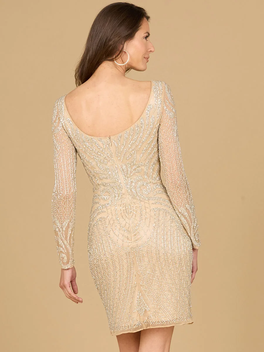 Long Sleeve Cocktail Dress with Illusion Neckline by Lara New York — style 29061