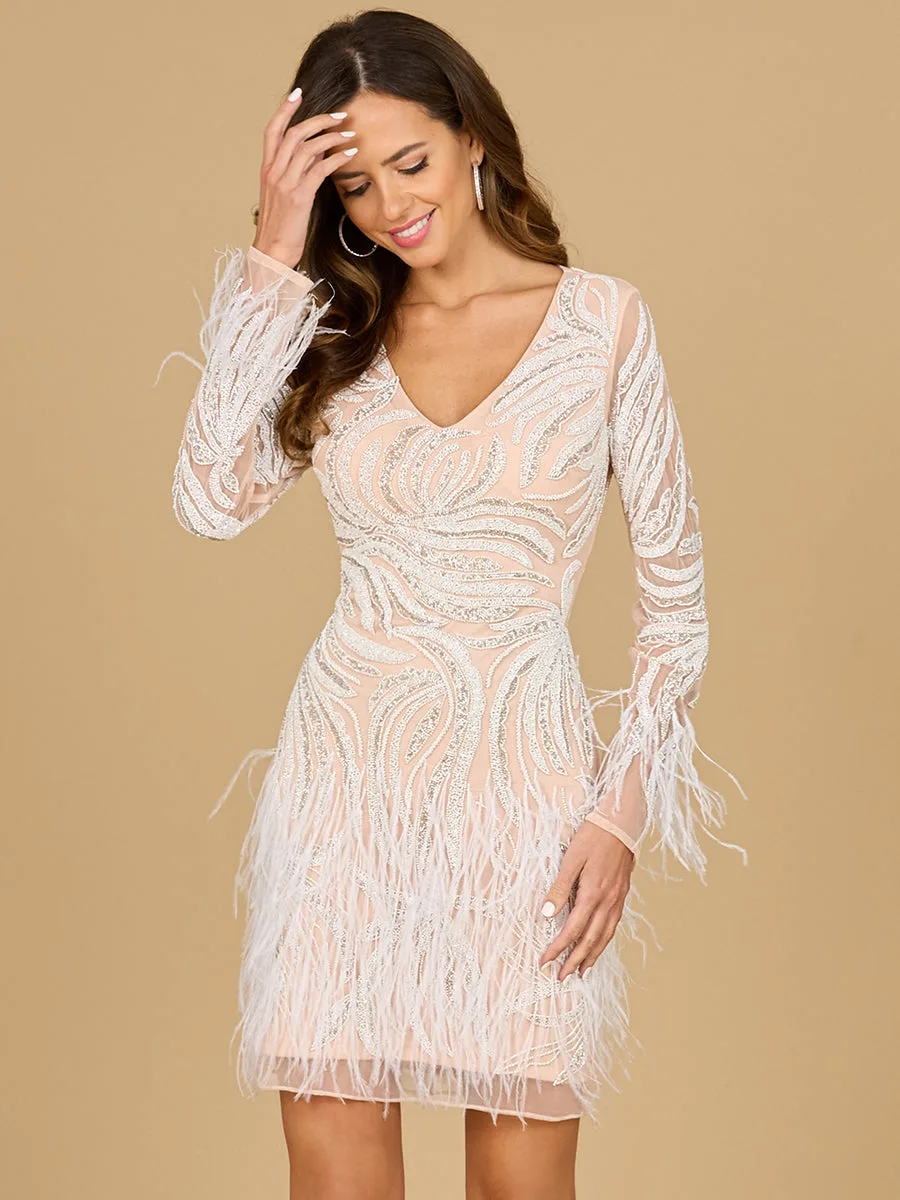 Beaded, Feather Cocktail Dress by Lara New York — style 29067 in Blush/Ivory