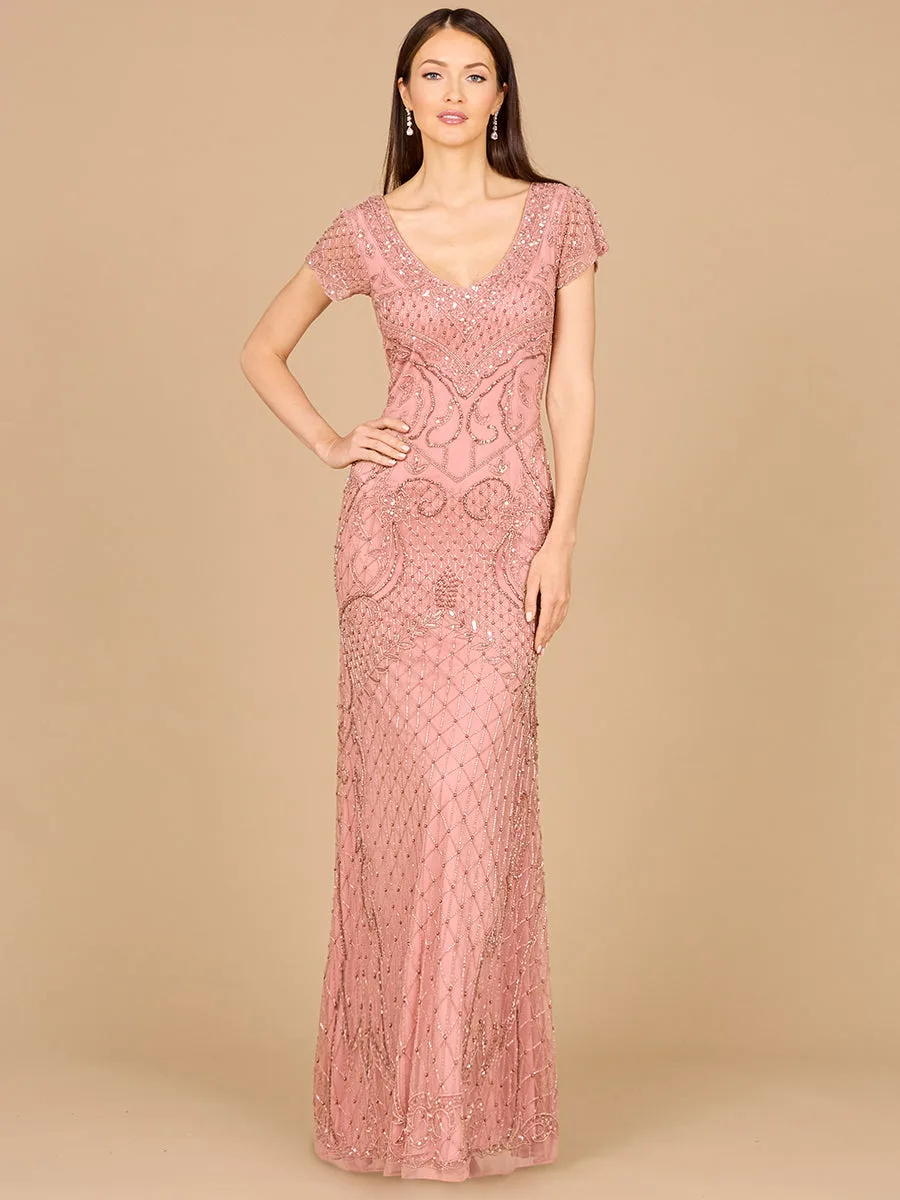 Beaded Cap Sleeve Gown With V-Neckline by Lara New York — style 29073 in Rose