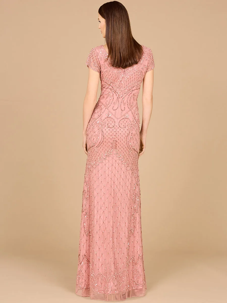 Beaded Cap Sleeve Gown With V-Neckline by Lara New York — style 29073