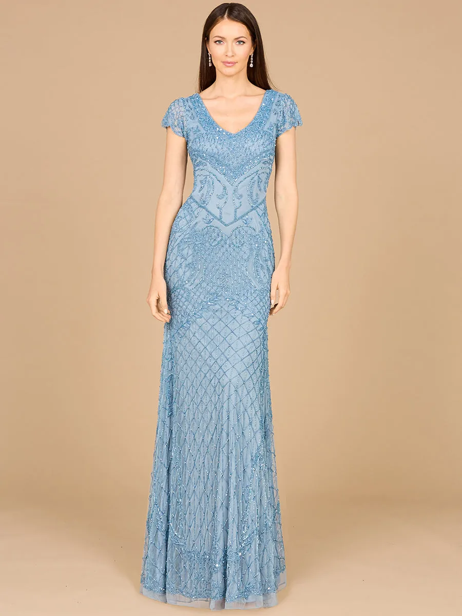 Beaded Cap Sleeve Gown With V-Neckline by Lara New York — style 29073 in Slate