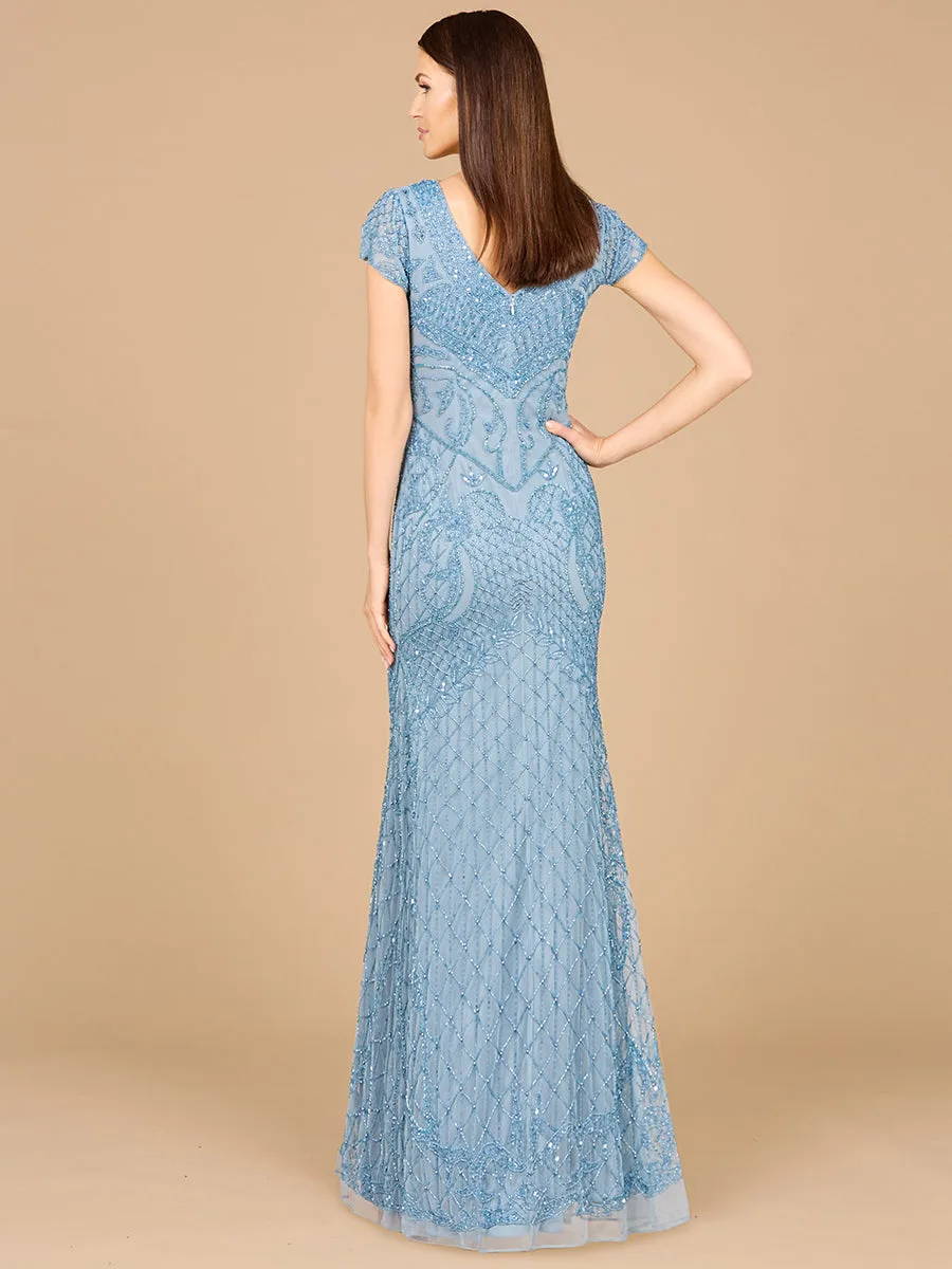 Beaded Cap Sleeve Gown With V-Neckline by Lara New York — style 29073