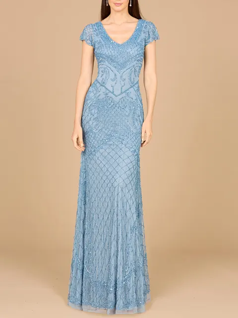 Beaded Cap Sleeve Gown With V-Neckline
