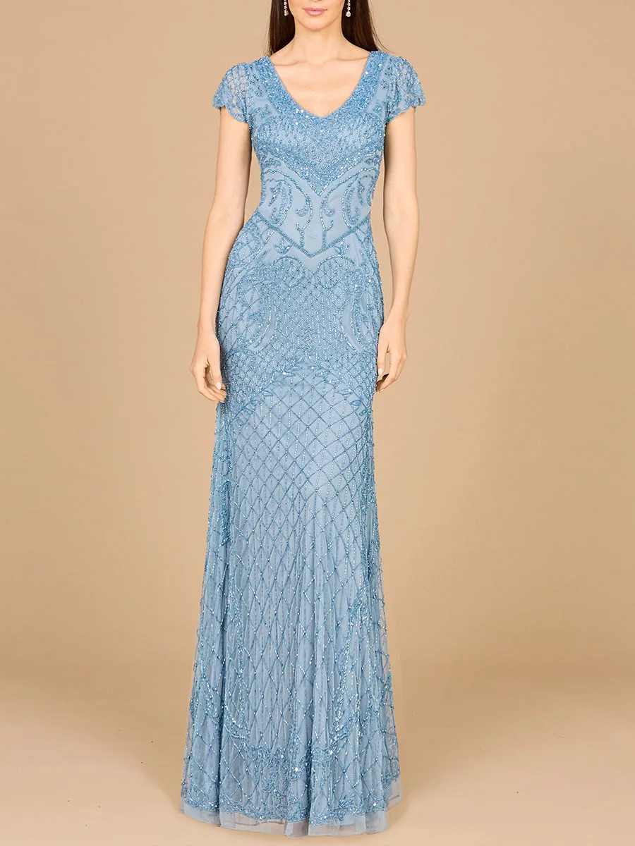 Beaded Cap Sleeve Gown With V-Neckline by Lara New York — style 29073
