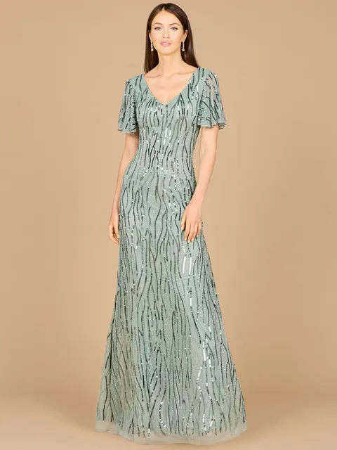 Cape Sleeve Sequin Beaded Gown
