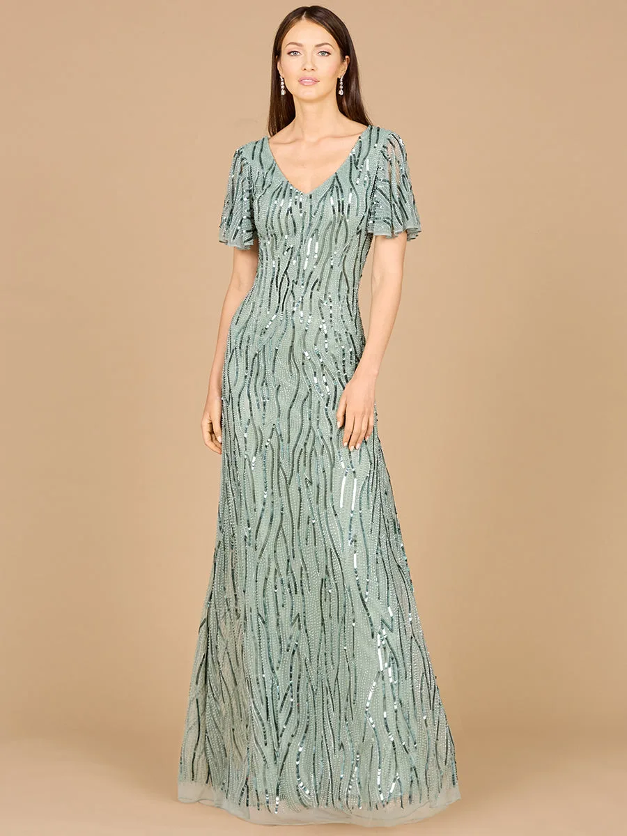 Cape Sleeve Sequin Beaded Gown by Lara New York — style 29074 in Green Mist