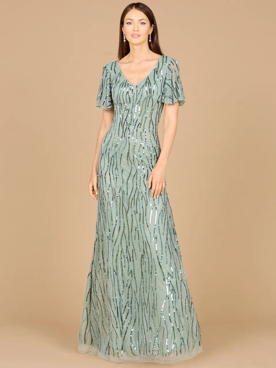 Cape Sleeve Sequin Beaded Gown by Lara New York — style 29074 in Green Mist