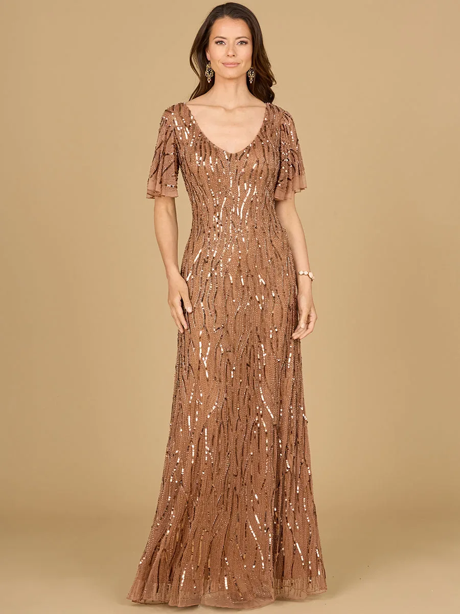 Cape Sleeve Sequin Beaded Gown by Lara New York — style 29074 in Mocha