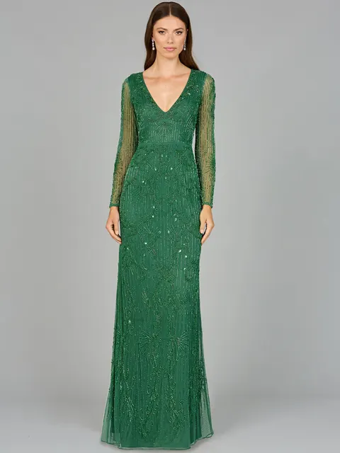 Elegant Long Sleeve Beaded Gown