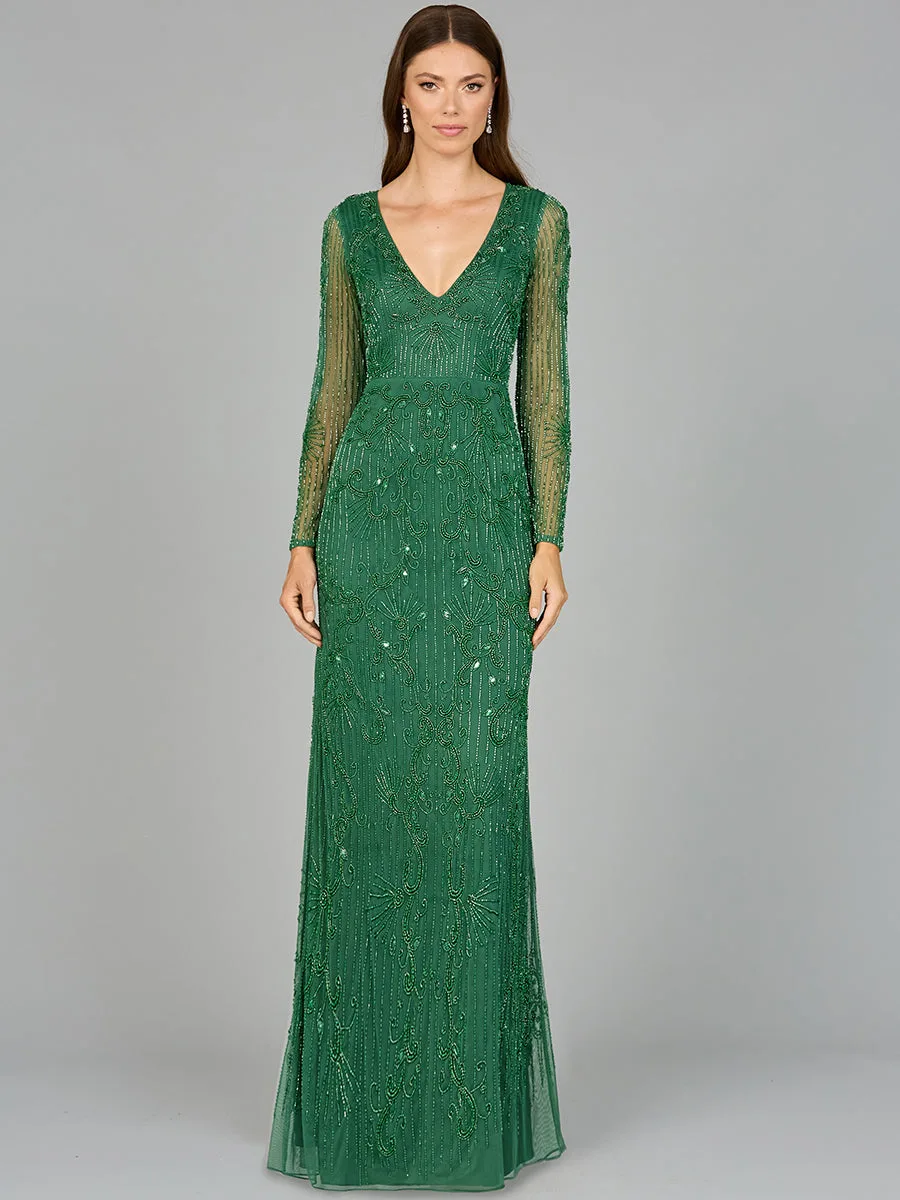 Elegant Long Sleeve Beaded Gown by Lara New York — style 29078