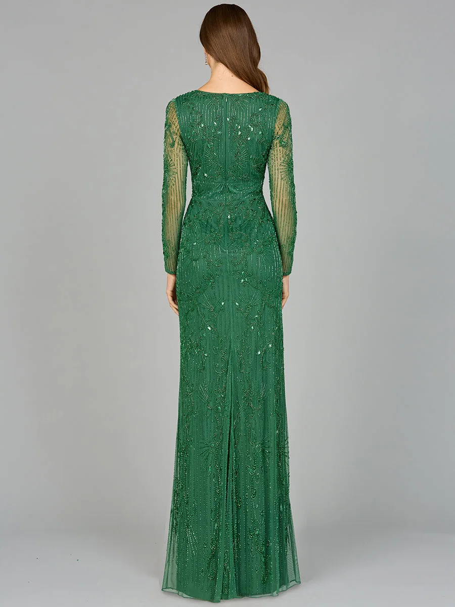 Elegant Long Sleeve Beaded Gown by Lara New York — style 29078