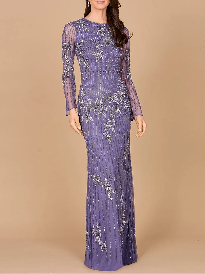 Long Sleeve, High Neck Beaded Gown by Lara New York — style 29079 in Amethyst