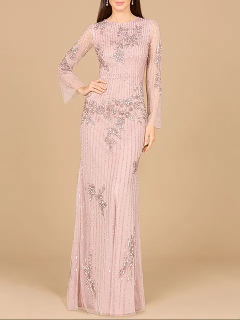 Long Sleeve, High Neck Beaded Gown