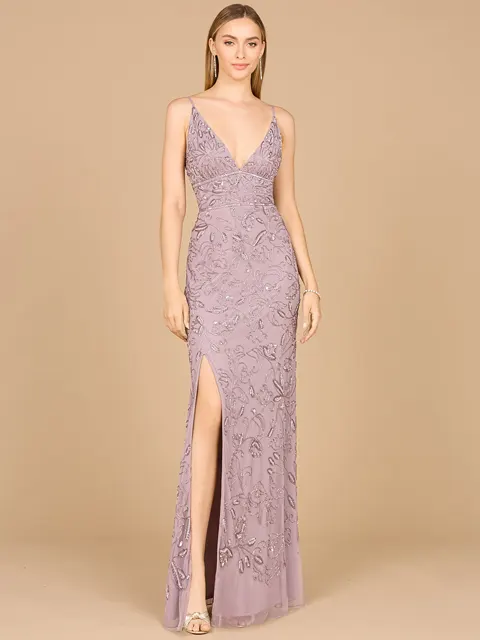 Embellished Gown with Slit And Spaghetti Straps