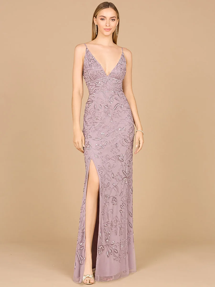 Embellished Gown with Slit And Spaghetti Straps by Lara New York — style 29081 in Dusty Lavender
