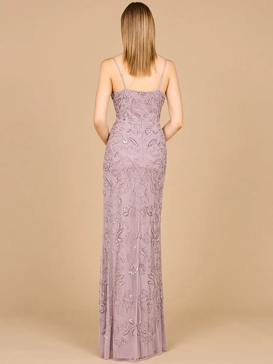 Embellished Gown with Slit And Spaghetti Straps by Lara New York — style 29081