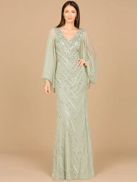 Long Cape Sleeves Beaded Dress