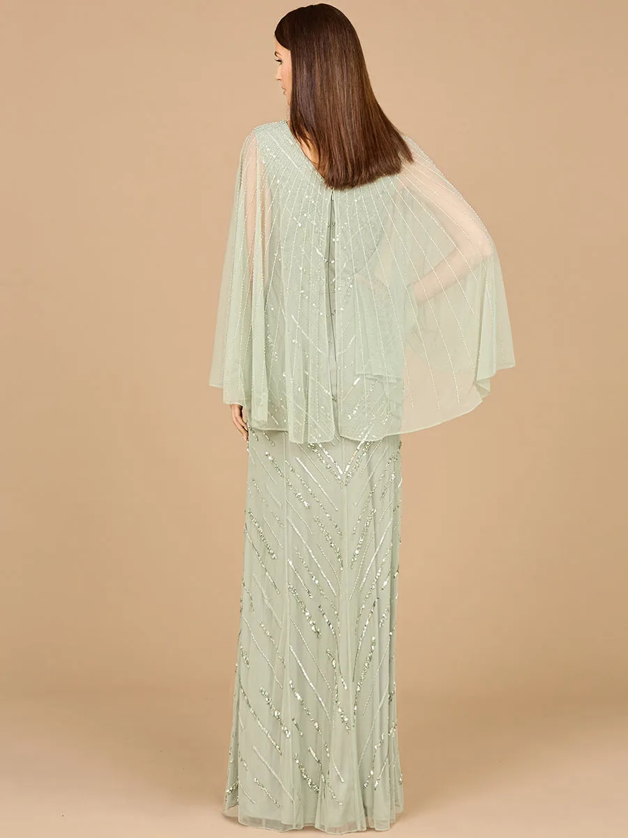 Long Cape Sleeves Beaded Dress by Lara New York — style 29082