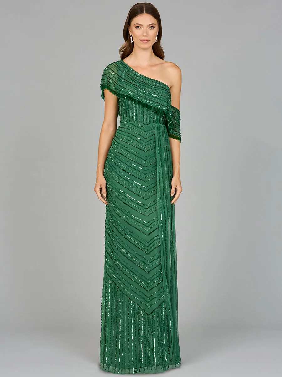 Off Shoulder Sheath Beaded Gown by Lara New York — style 29084