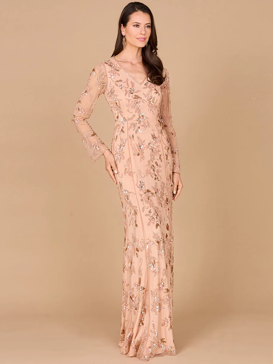 Beaded Dress with Sheer Long Sleeves by Lara New York — style 29085 in Champagne Rose