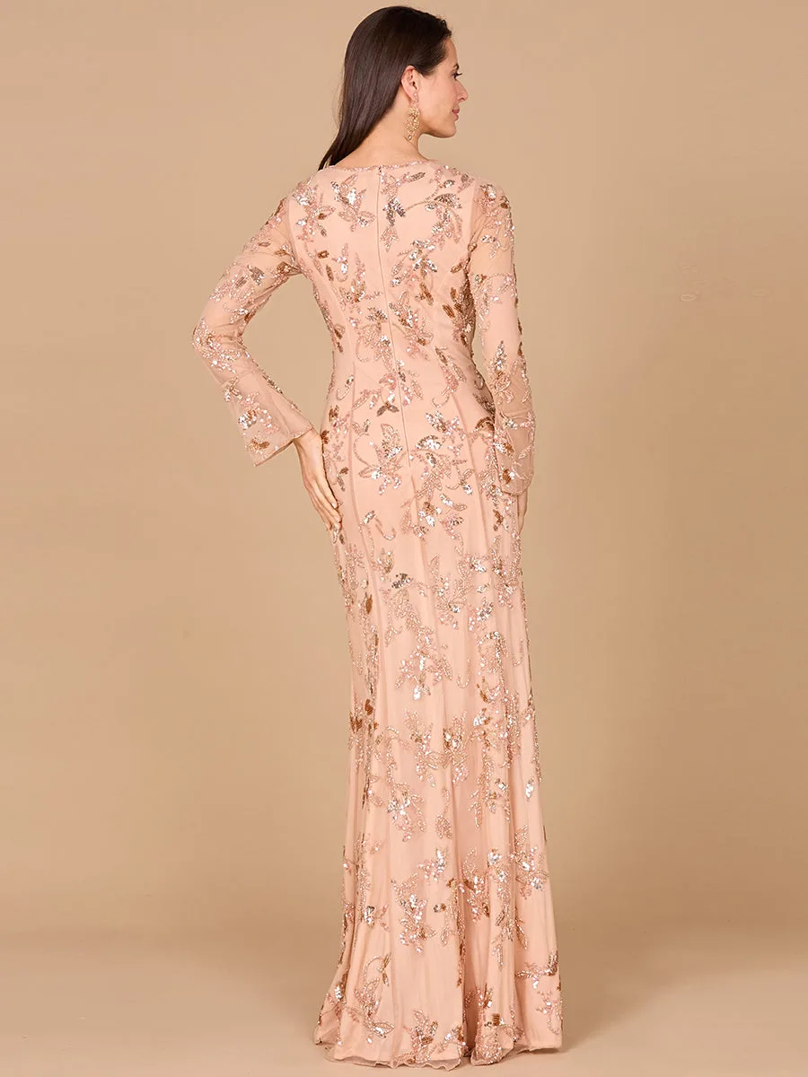 Beaded Dress with Sheer Long Sleeves by Lara New York — style 29085