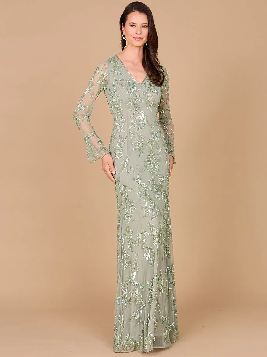 Beaded Dress with Sheer Long Sleeves by Lara New York — style 29085 in Dusty Mint