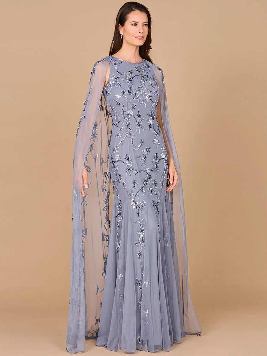 Mermaid Beaded Dress with Long Cape by Lara New York — style 29086 in Dusty Periwinkle