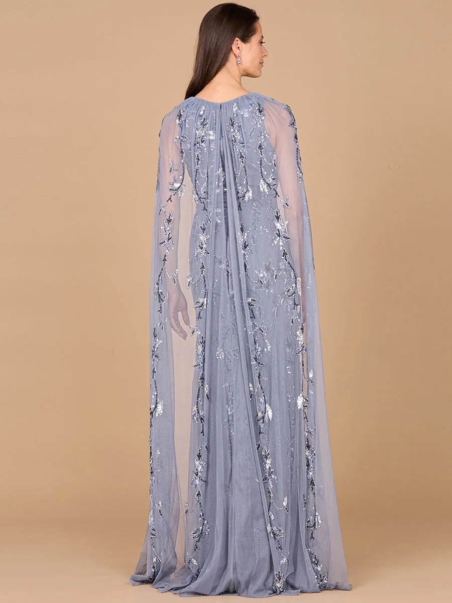 Mermaid Beaded Dress with Long Cape by Lara New York — style 29086