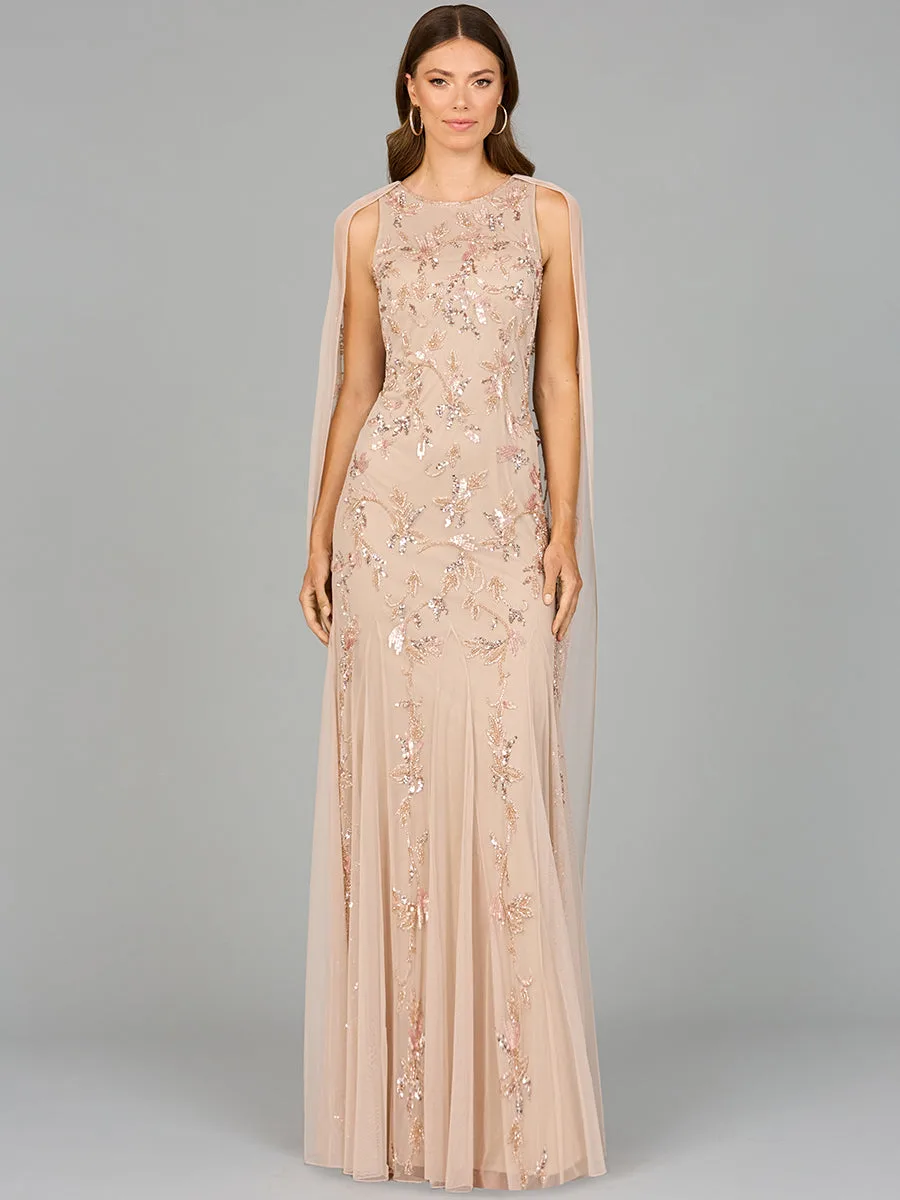 Mermaid Beaded Dress with Long Cape by Lara New York — style 29086 in Nude