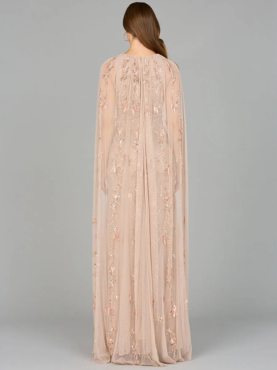 Mermaid Beaded Dress with Long Cape by Lara New York — style 29086