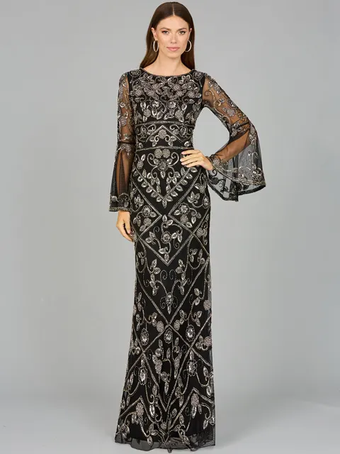 Bell Sleeved High Neck Beaded Gown