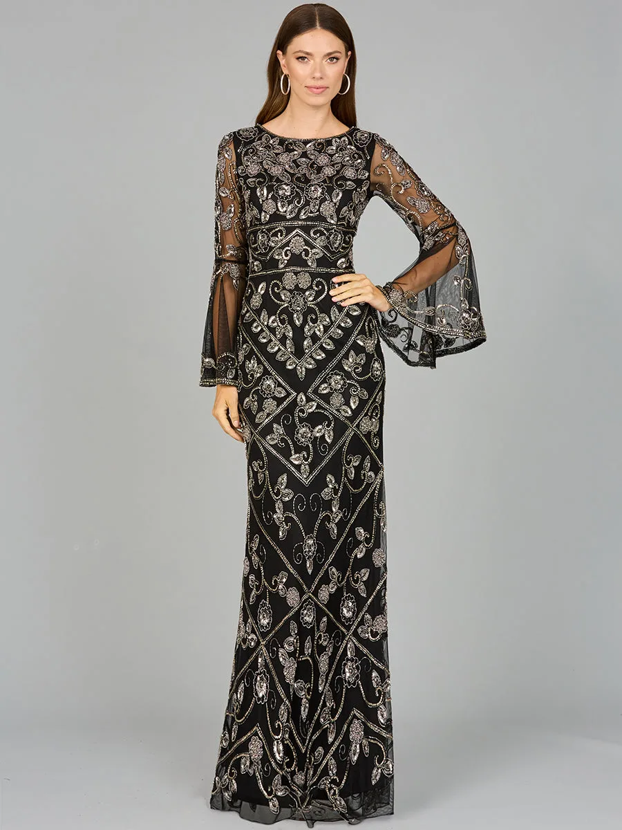 Bell Sleeved High Neck Beaded Gown by Lara New York — style 29088 in Black