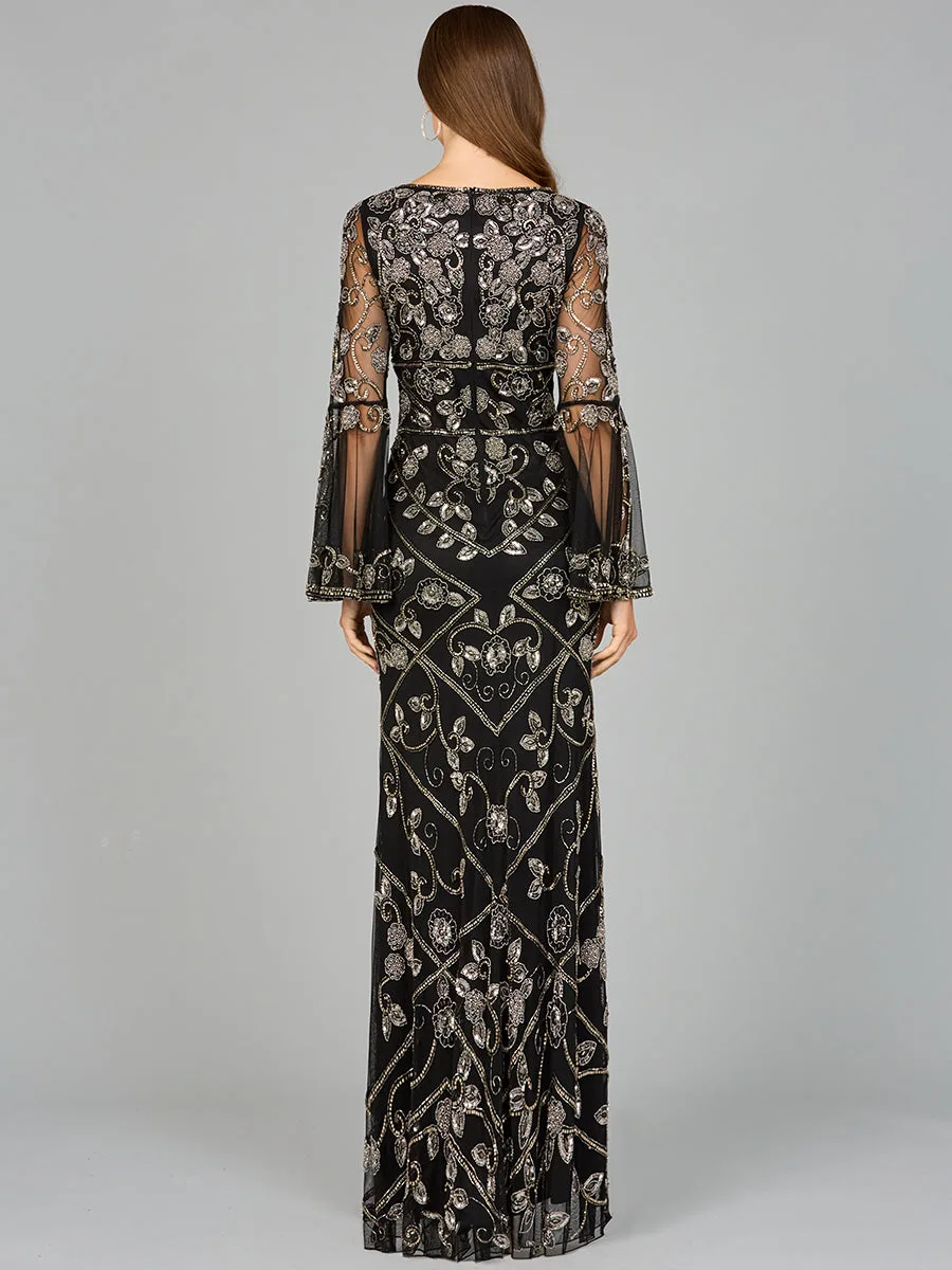 Bell Sleeved High Neck Beaded Gown by Lara New York — style 29088
