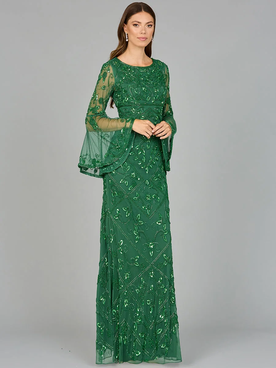 Bell Sleeved High Neck Beaded Gown by Lara New York — style 29088