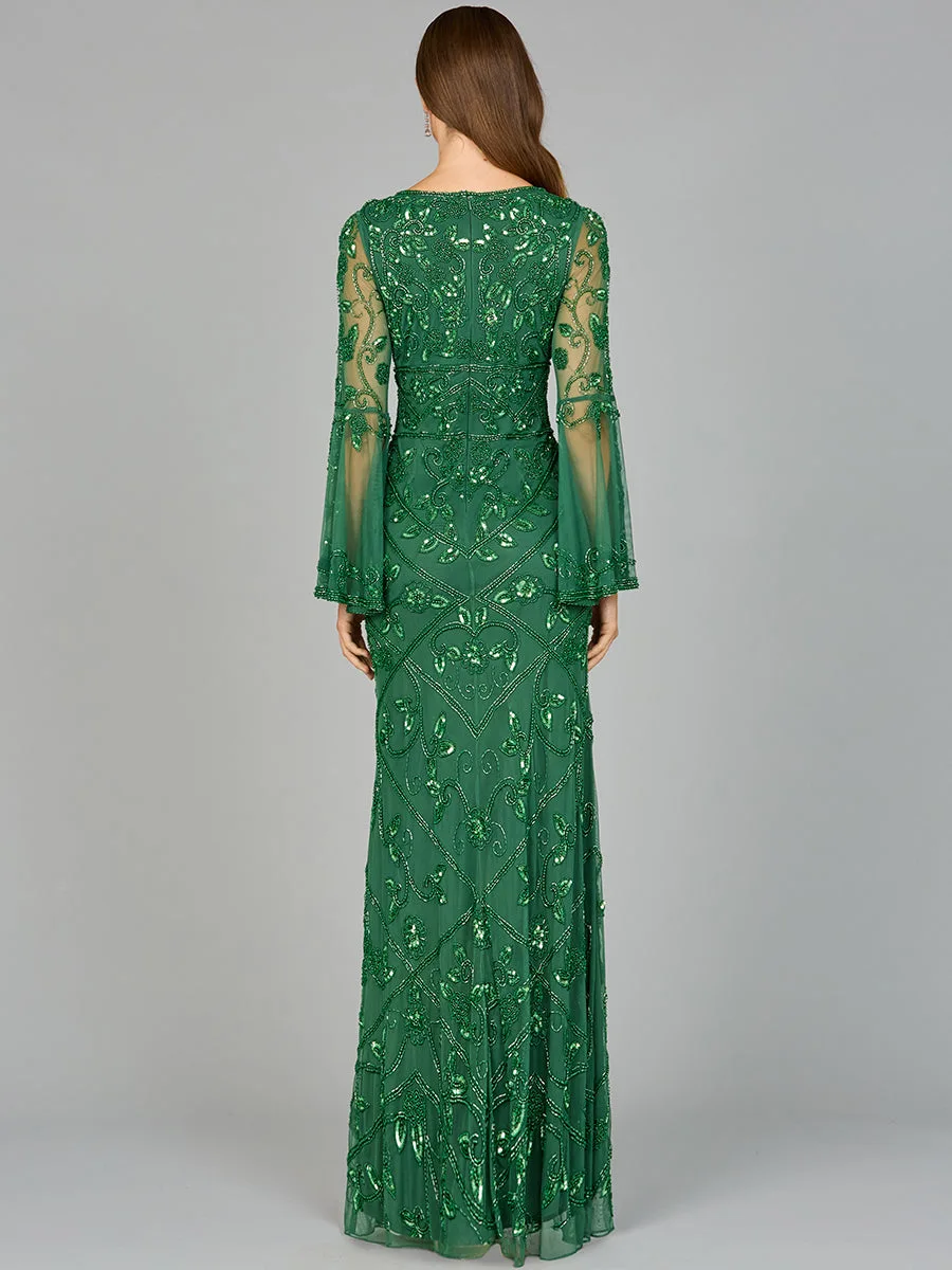 Bell Sleeved High Neck Beaded Gown by Lara New York — style 29088