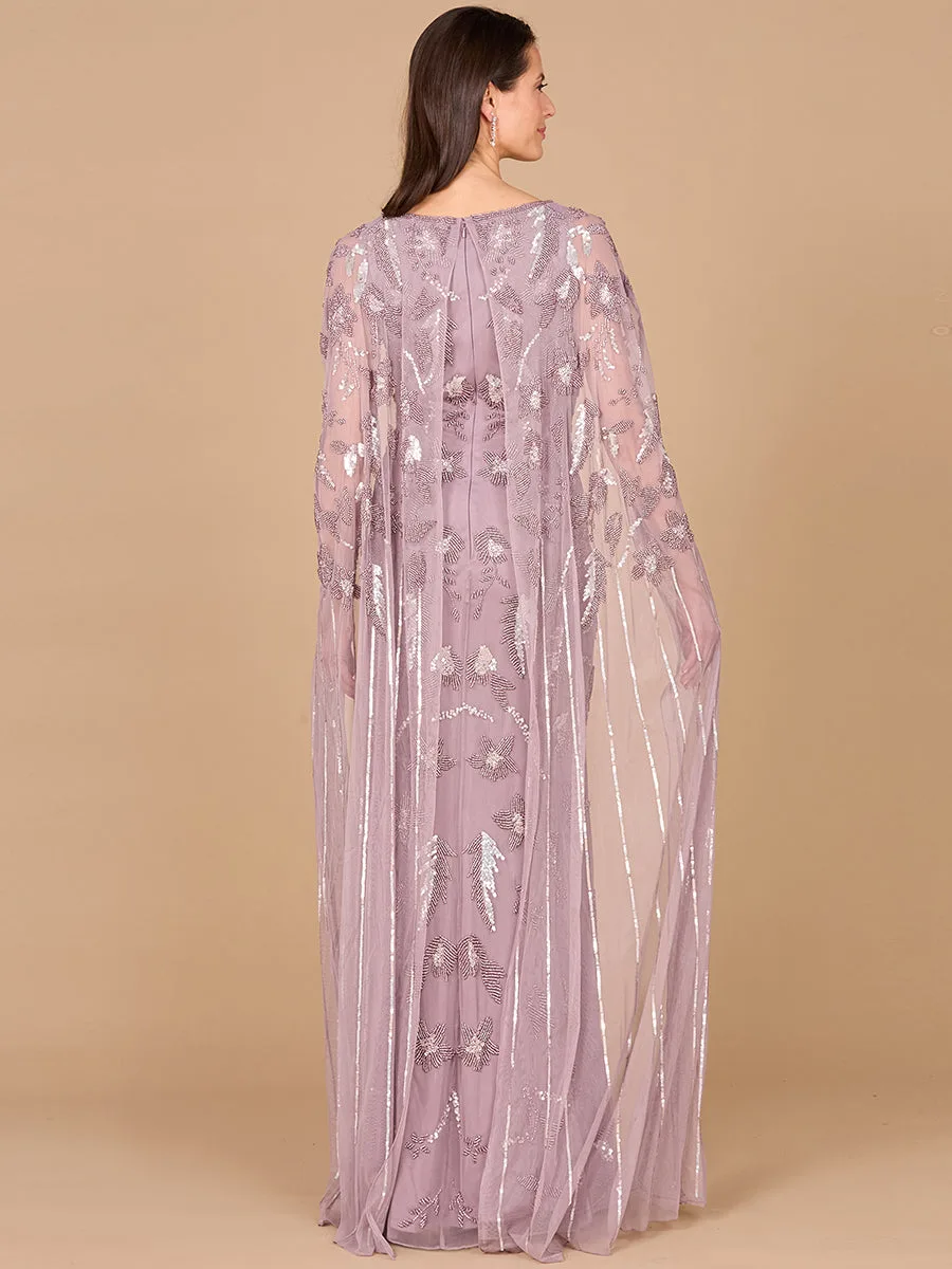 Beaded Sheath Dress with Long Cape by Lara New York — style 29090