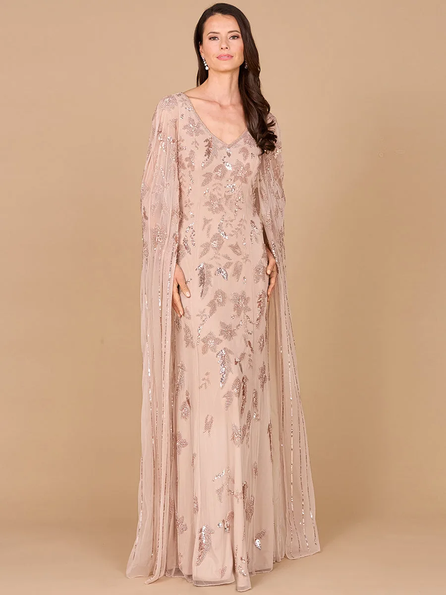 Beaded Sheath Dress with Long Cape by Lara New York — style 29090 in Nude
